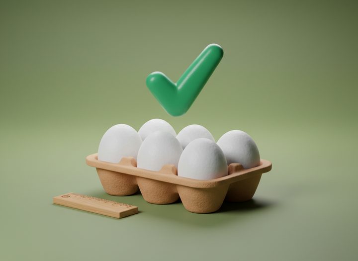 Seis huevos iguales en su cartera con una palomita verde