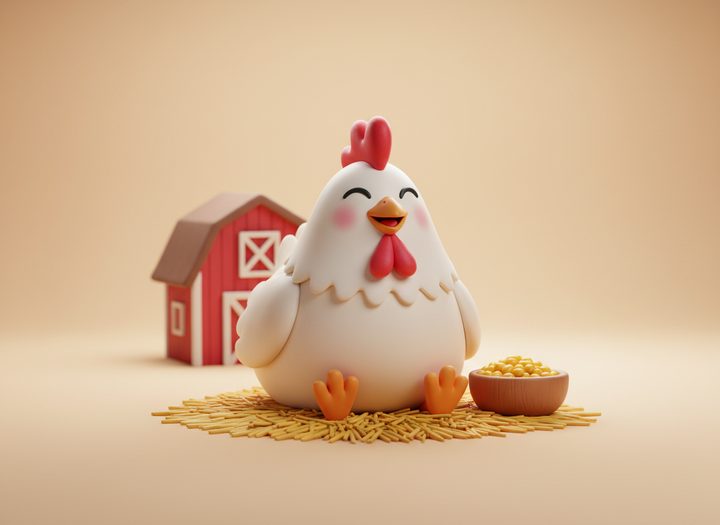 Gallina feliz sentada en paja junto a su maíz